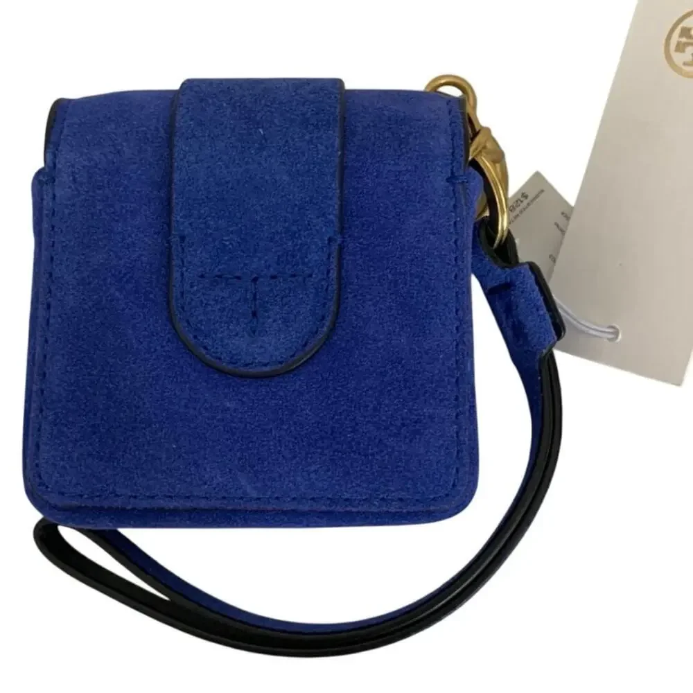 NEW TORY BURCH SAWYER MINI BAG KEY CHAIN WRISTLET BLUE DAHLIA CHARM‎ AIRBUD FOB